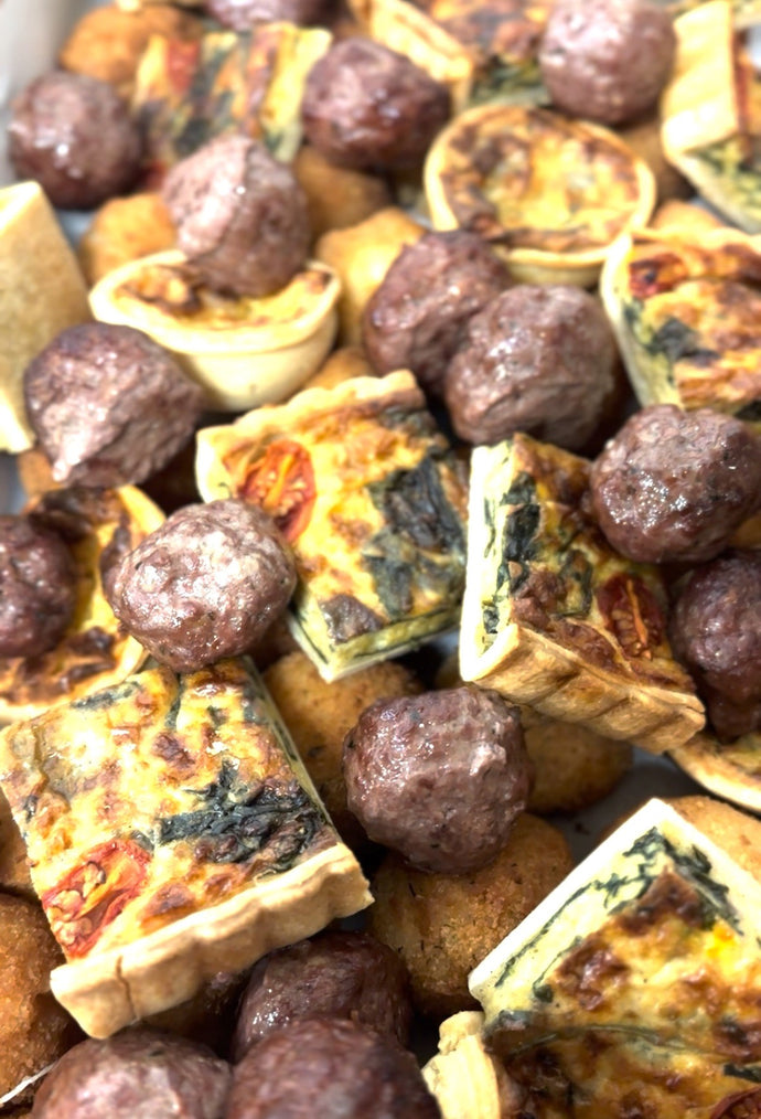 WARM SAVOURY TART, ARANCINI & MEATBALL PLATTER